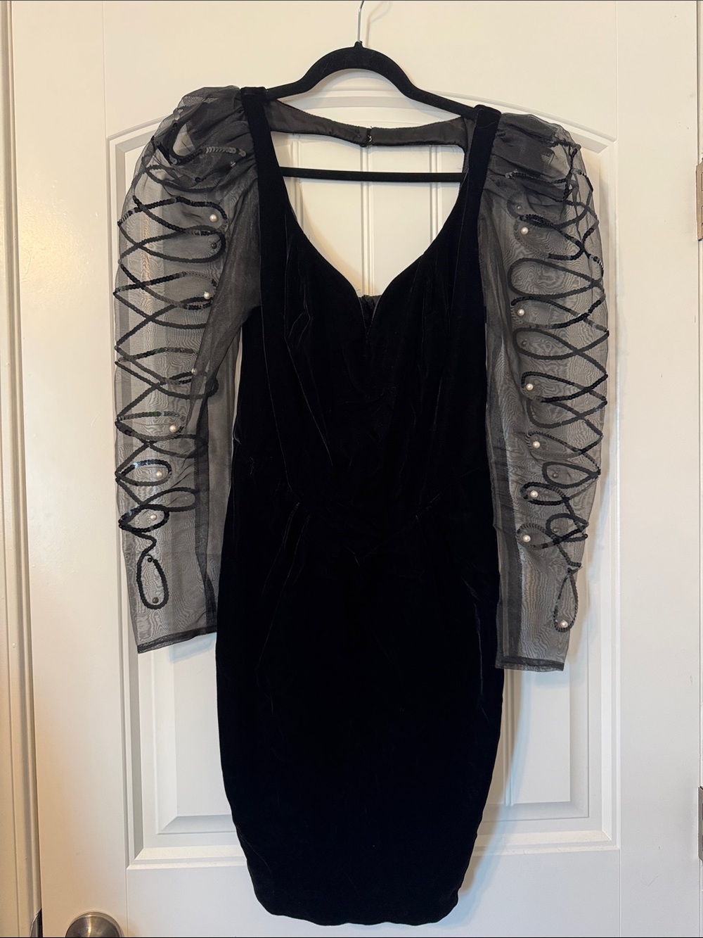 Vintage 1980’s Black Velvet Sheer Puff-Sleeve Cocktail Dress